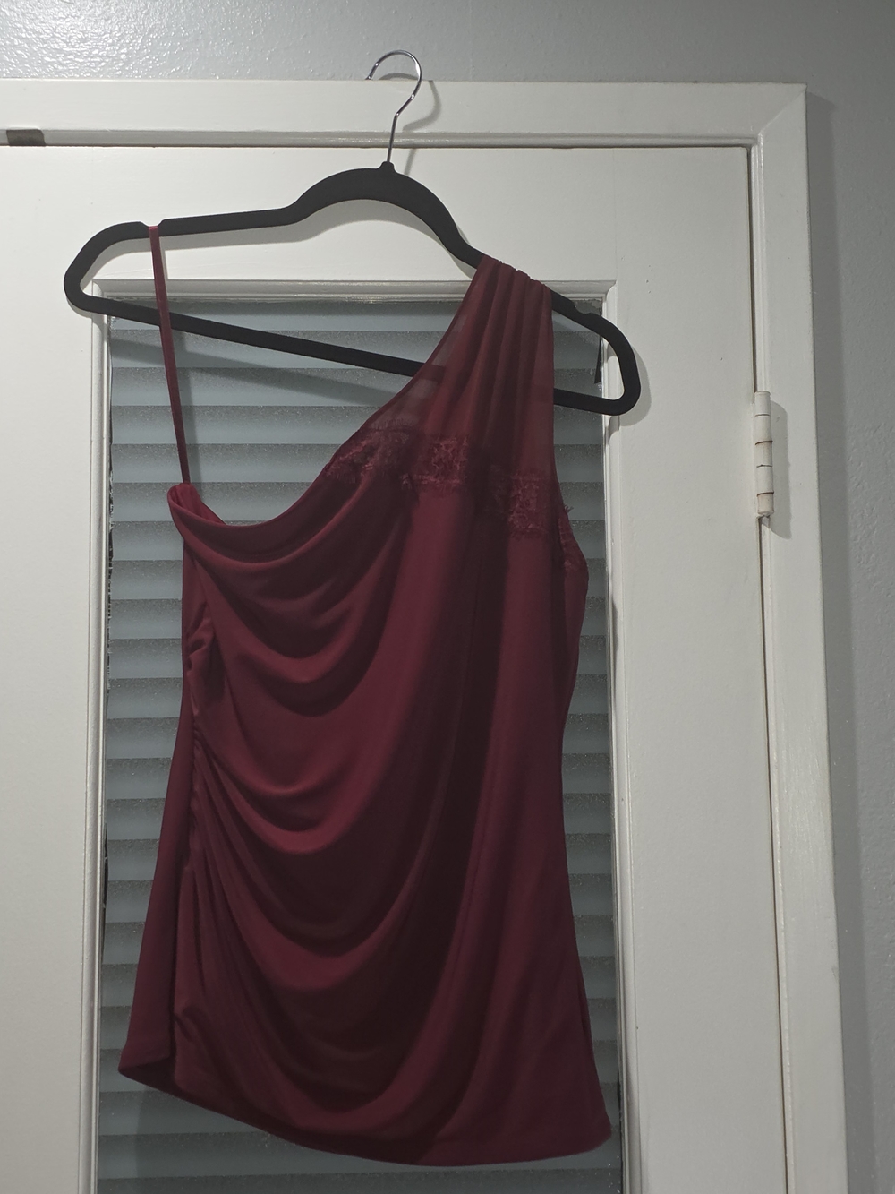 White House Black Market One-Shoulder Draped Dress in Burgundy